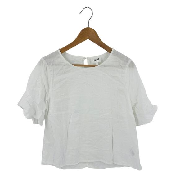 Seed White Linen Short Sleeve Top Boxy Minimalist Tee Lightweight Size 8 - Picture 1 of 8